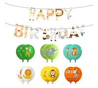 HDGSAFD 1 Set di Bandiere di Compleanno E 12 Palloncini per Animali, con Nastri, Forniture per Feste A Tema Animale della Giungla, Decorazioni per Feste.