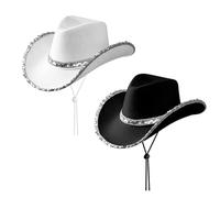 HDGSAFD 2 cappelli da cowboy western da donna, con paillettes, tesa d'argento, adatti per feste di danza musicale, feste a tema, cosplay