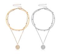 HDGSAFD 2 collane multistrato, da donna, bohémien, bigiotteria, eleganti collane, catenine impilate, accessori di abbigliamento, ciondoli (oro, argento), Zinco