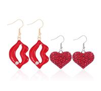 HDGSAFD 2 Paia di Orecchini Rossi, Orecchini A Sospensione per Labbra A Forma di Cuore, Orecchini di Strass alla Moda, Orecchini Semplici E Personalizzati per Donne, Piccoli Regali Romantici.