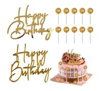 HDGSAFD 2 Pezzi di Decorazione per Torta di Buon Compleanno, 10 Pezzi di Palline per Torta, Decorazione Laterale per Torta, Insegna in Acrilico Glitterato, Adesivo per Decorazione Torta, Pasticcini