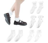 HDGSAFD 4 Paia di Calzini da Donna con Volant, alla Caviglia, in Pizzo, da Balletto, Eleganti da Principessa, Tinta Unita, Traspiranti, in Cotone (Bianco), 44
