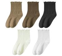 HDGSAFD 5 paia di calzini con volant, calze da donna, calze a balze, calze a polpaccio per donna, calze estive sottili con volant, calze a maglia morbide e traspiranti, calze rotonde, bianco, marrone