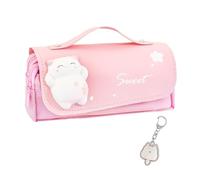HDGSAFD Astuccio portamatite gatto con ciondolo a 3 scomparti, borsa portaoggetti portatile di cancelleria, forniture scolastiche dei cartoni animati
