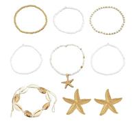 HDGSAFD Braccialetti da 7 Pezzi E 1 Paio di Orecchini con Stelle Marine, Gioielli con Elementi Marini, Gioielli Boho, Gioielli Classici alla Moda
