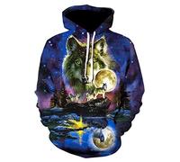 HDHGKYY Luna Cielo Stellato Animale Lupo 3D Stampa Felpa con Cappuccio da Uomo Casual a Maniche Lunghe Pullover da Uomo e da Donna Felpe Autunnali e Invernali