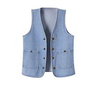 HDIJDY Giubbotto Jeans Donna,Gilet In Denim Casual Da Donna con Scollo A V E Tasche Vintage Giacche Corte Streetwear Giacche In Denim Estive Lavate Canottiere con Bottoni Blu Chiaro 4Xl