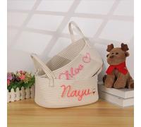 HDLOVE Cestino Per Bambini Personalizzato, Cestino Laterale Intrecciato A Mano Con Nome E Data, Contenitore Per Giocattoli In Corda Di Cotone, Contenitore Per Libreria(L: 15.75x7.48x5.12inch)
