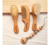 HDLOVE Set di spazzole per capelli personalizzate per neonati 100% legno di faggio naturale e setole di lana di capra biologica, strumenti per la cura dei neonati, nome personalizzato inciso