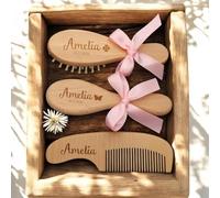 HDLOVE Spazzola for Capelli Personalizzata for Neonati, Pettine in Legno Personalizzato con Incisione di Nome E Icona, Setole Naturali for Cuoio Capelluto Delicato, Regalo Ricordo for Battesimo