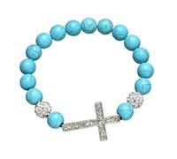 HDOYTXXM Braccialetto elastico turchese con crocifisso di pietra da 10 mm, con perle spirituali, per abiti quotidiani, con perle turchesi fatte a mano, accessorio religioso, Taglia unica, come