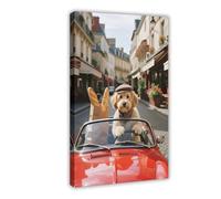 HDSDA Poster su tela con cane maltese che guida una decappottabile (1), decorazione per camera da letto, ufficio, camera da letto, regalo, 60 x 90 cm