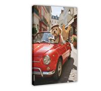 HDSDA Poster su tela, motivo: cane maltese che guida una convertibile (3), decorazione artistica da parete per soggiorno e camera da letto, 60 x 90 cm