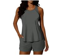 HDSDVNON Costumi da Bagno A Due Pezzi Donna Taglie Forti - Top Tankini Modesto con Tasche E Pantaloni A Vita Alta, Costume in Tinta Unita(03#Gray,S)
