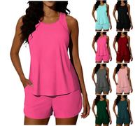 HDSDVNON Costumi da Bagno A Due Pezzi Donna Taglie Forti - Top Tankini Modesto con Tasche E Pantaloni A Vita Alta, Costume in Tinta Unita(02#Hot Pink,XL)