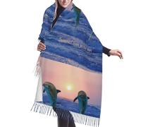 HDTVTV Sciarpa con nappe in finto cashmere, adatta per primavera, autunno e inverno, calda e morbida, coperta con sciarpa e nappe. Delfino tursiope all'alba