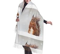 HDTVTV Sciarpa con nappe in finto cashmere, adatta per primavera, autunno e inverno, calda e morbida, coperta con sciarpa e nappe. Grazioso scoiattolo stampato sulla neve.