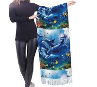 HDTVTV Sciarpa con nappe in finto cashmere, adatta per primavera, autunno e inverno, calda e morbida, sciarpa con nappe. Marine Life Blue Sea World Coral Dolphin