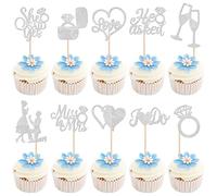 He Ask She Said Yes - Set di 30 decorazioni per torte con brillantini da Miss to Mrs Cupcake Toppers con diamanti per feste di fidanzamento, matrimoni, tema, decorazioni per torte in argento
