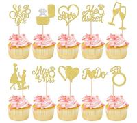 He Ask She Said Yes - Set di 30 decorazioni per torte con brillantini da Miss to Mrs Cupcake Toppers con diamanti per feste di fidanzamento, matrimoni, tema, decorazioni per torte dorate