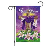 He Is Risen Easter Christianty Religious Easter Cross Lily Flower White Dove Bandiera Da Giardino 30X45Cm Striscione Appendere Divertenti Bandiera All'Aperto Per Casa Prato Festival