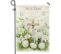He is Risen Easter Garden Flag, agnello bianco con croce e fiori primaverili, decorazione per esterni, bandiera in iuta su entrambi i lati, decorazione per prato per feste cristiane, celebrazione