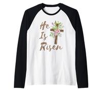 He is Risen Floral Cross Vintage Happy Easter Bibbia Verse Maglia con Maniche Raglan