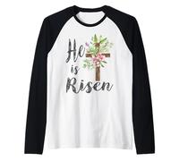 He is Risen Floral Cross Vintage Happy Easter Maglia con Maniche Raglan