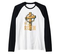 He is Risen Retro Vintage Croce Happy Easter Maglia con Maniche Raglan