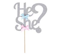 He or She - Topper per torta con glitter, colore: argento