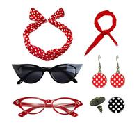 Headband, 1950s Outfit Accessories with Headband Drop Earrings, Vintage Print Dangle Chiffon Scarf Glasses, Retro Costume Set for Women, Red White, 130 g