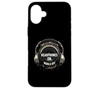 Headphones On World Off Music Audio Listener Custodia per iPhone 16 Plus