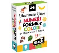 HEADU - Carte Vitamine in Gioco Numeri, Forme e Colori - 54 Maxi Cards e 6 Giochi | Carte Illustrate per Imparare a Contare, Confrontare e Classificare, Gioco Educativo Bambini 3-6 Anni, Idea Regalo