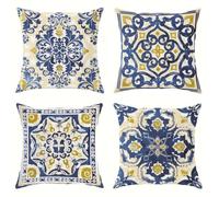 Heaen Federe Cuscini Divano 55x55 cm Motivo Giallo Blu Set di 4 Copricuscini Impermeabili Federe per Cuscini Divano Esterno Federa Quadrata Lino per Portico Balcone Giardino