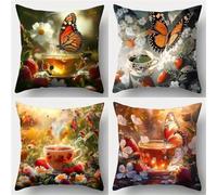 Heaen Federe Cuscini Divano 70x70 cm Fiori Margherita Farfalla Set di 4 Copricuscini Impermeabili Federe per Cuscini Divano Esterno Federa Quadrata Lino per Portico Balcone Giardino