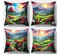 Heaen Federe Cuscini Esterno Impermeabile 45x45 cm Rose Rosse All'Alba Copricuscini Divano Set di 4 Cuscini Decorativi Quadrati per Patio Giardino Soggiorno