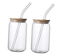 HEALLILY 2 bicchieri di vetro per acqua con coperchi e cannucce in bambù, portatili, trasparenti, per succhi di frutta, bevande fredde, casa e uso domestico