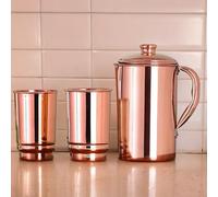 HEALTHANDWEALTH Brocca per acqua in rame puro con 2 bicchieri, brocca ayurvedica per acqua potabile da 1,5 l, migliora la digestione, aumenta l'immunità, prodotta in India