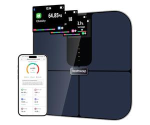 Healthkeep Bilancia Pesapersona, connessa, Bluetooth, con display TFT a colori e tecnologia ITO, 25 dati corporei con frequenza cardiaca, App, per Android e iOS, 180 kg/397 lb/28 st, Blu