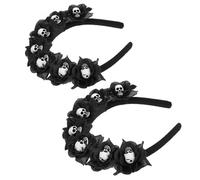 Healvian 2 pezzi Fascia Capelli Nera con Fiori e Teschio Accessorio Halloween Donna e Ragazze per Costumi Day Of The Dead Cerchietto Horror per Feste Carnevale Cosplay
