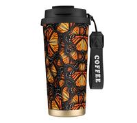 Heaps of Orange - Borraccia da donna con tappo con cannuccia, in acciaio inox, imboccatura larga, isolata, a prova di perdite, colore nero
