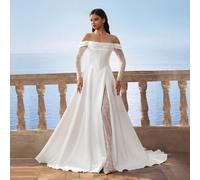 HEARBOBO Elegante abito da sposa bianco, design a maniche lunghe con spalle scoperte, decorato con pizzo raffinato e spacco, tessuto in raso spesso intrecciato autunnale L,M,S,XL,XSTessuto intrecciato