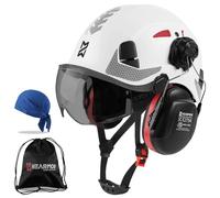HEARMOR Casco protettivo 3 in 1 con protezione dell'udito e visiera, casco da lavoro certificato EN 397 per lavori di foresta, costruzione e arrampicata, con tasca portatile e inserto rinfrescante per