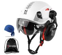 HEARMOR Casco protettivo 3 in 1 con protezione dell'udito e visiera, casco da lavoro certificato EN 397 per lavori di foresta, costruzione e arrampicata, con tasca portatile e inserto rinfrescante per