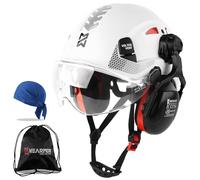 HEARMOR Casco protettivo 3 in 1 con protezione dell'udito e visiera, casco da lavoro certificato EN 397 per lavori di foresta, costruzione e arrampicata, con tasca portatile e inserto rinfrescante per