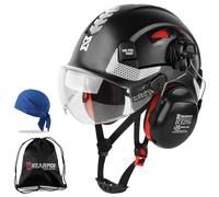HEARMOR Casco protettivo 3 in 1 con protezione dell'udito e visiera, casco da lavoro certificato EN 397 per lavori di foresta, costruzione e arrampicata, con tasca portatile e inserto rinfrescante per