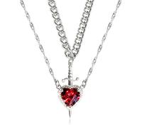 Heart and Sword Romantic Pendant Necklace with Red Crystal - You are in My Heart Couples Matching Jewelry Gift for Her Him