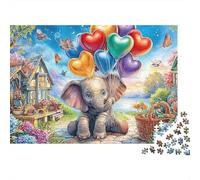 Heart Balloons Elephant Puzzle da 1000 Pezzi Regalo per Adulti Elefantino Palloncini a Cuore Città delle Fate Premium Spesso Robusto Alta Qualità Sfidante Difficile Antistress 70x50cm/1000pcs