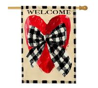 Heart House Flag, Welcome Casual Bow Checkered Spring Red Double Sided iuta esterna grande bandiera da giardino per esterni, patio, cortile, prato, ingresso, balcone, 71 x 101 cm