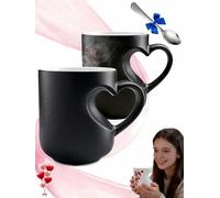 Heart-Shaped Color Changing Magic Ceramic Mug, Heart Shaped Coffee Mug, Thermochromic Magic Reveal Design, Fun Novelty Coffee Cup for Valentine's Day, Anniversary and Mother's Day (A pair of cups)